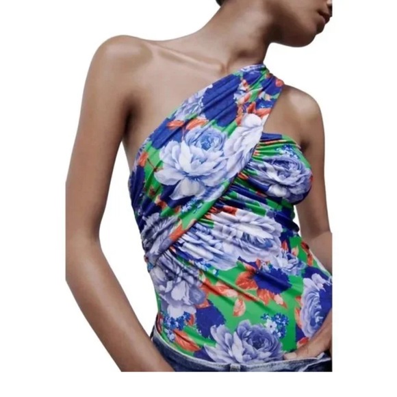 Zara Asymmetrical Neck Line Green Blue Orange Floral Bodysuit Blouse NWT Medium - Picture 7 of 8